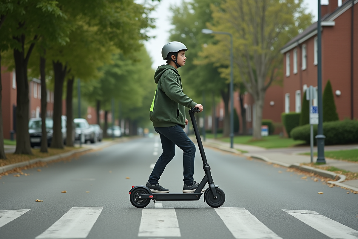 Adolescent en hoodie vert roulant en suburbain