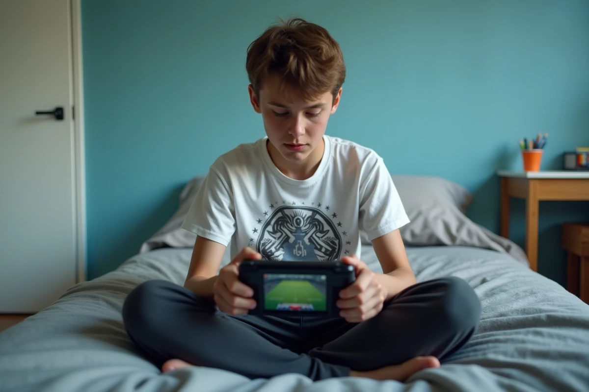 Adolescent regardant un tutoriel sur les gestes techniques FC 25 sur une tablette dans sa chambre