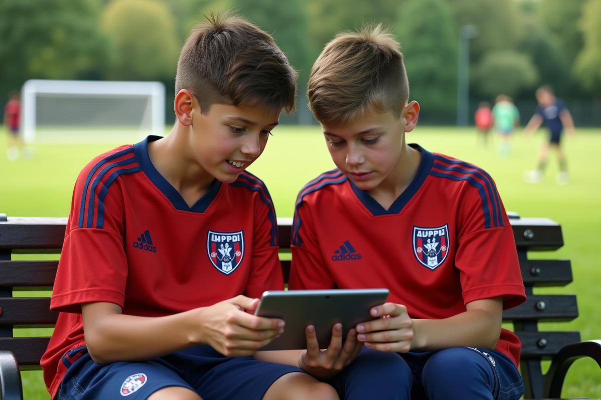 Deux adolescents analysant un playbook de football en plein air