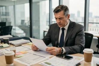 Agent de football en costume analysant des documents de transfert dans un bureau moderne, illustrant les négociations de rumeurs de transfert au FC Nantes