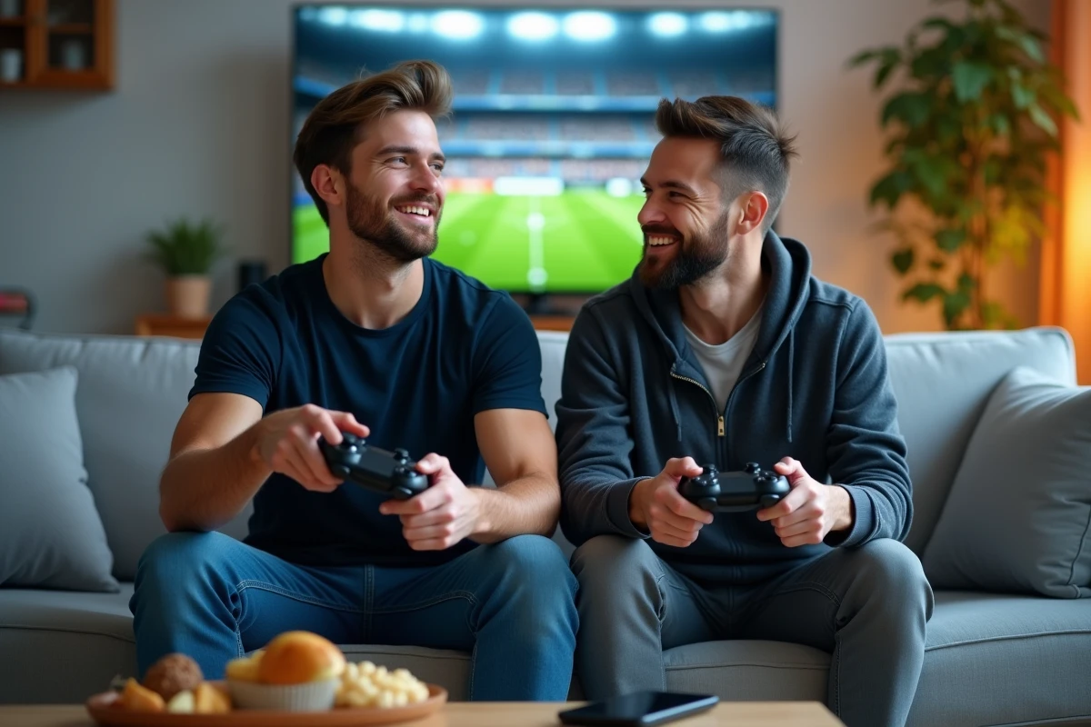 Deux amis discutant des techniques de gestes dans FC 25 en jouant ensemble dans un salon