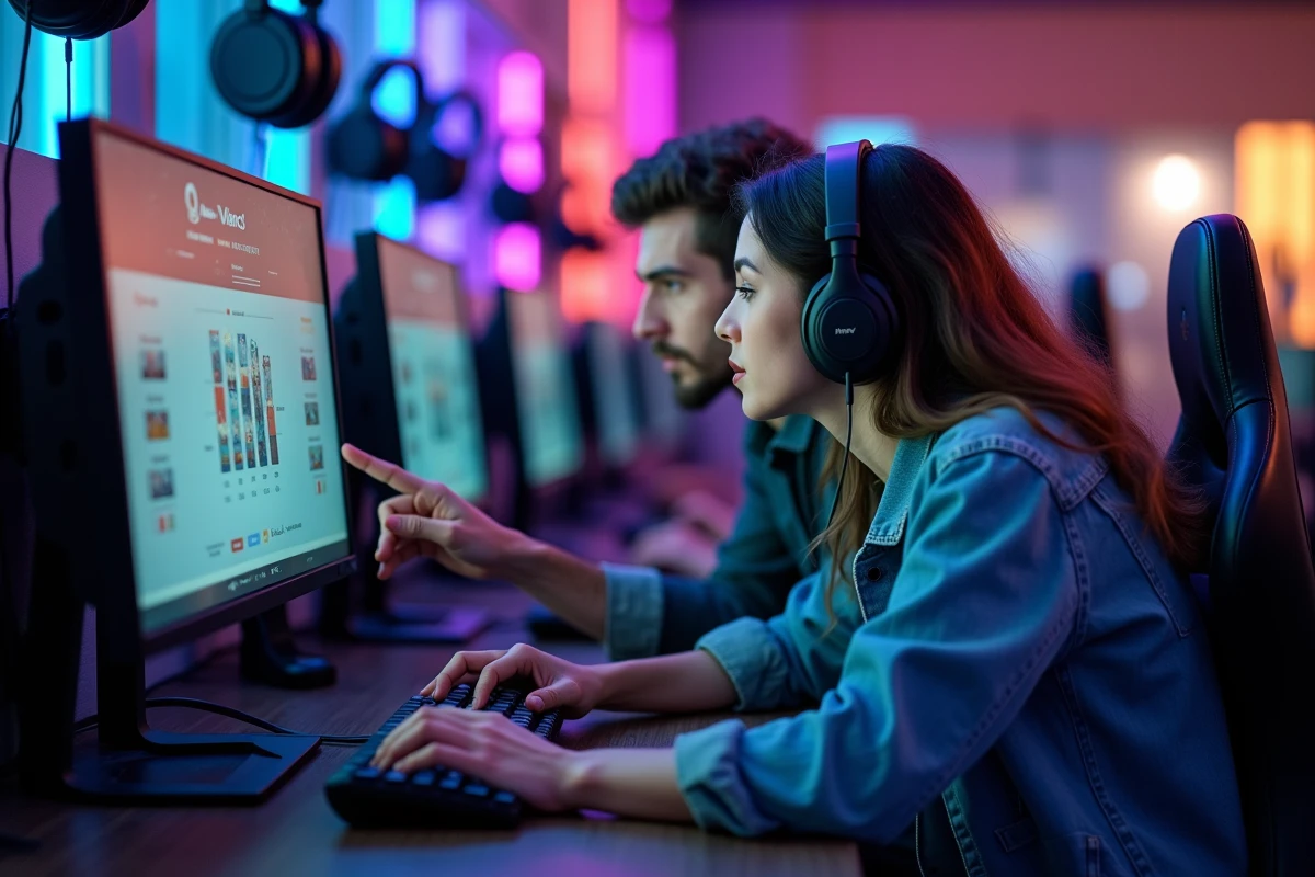Deux amis dans un café gaming comparant l'historique de leur classement Valorant acte par acte sur un écran de jeu