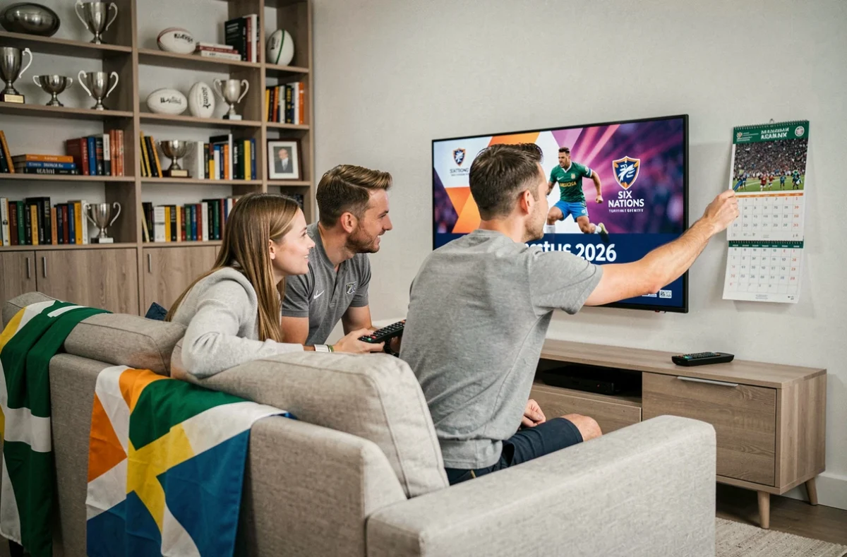 Deux amis fans de rugby marquent les dates clés du Tournoi des 6 Nations 2026 depuis leur salon