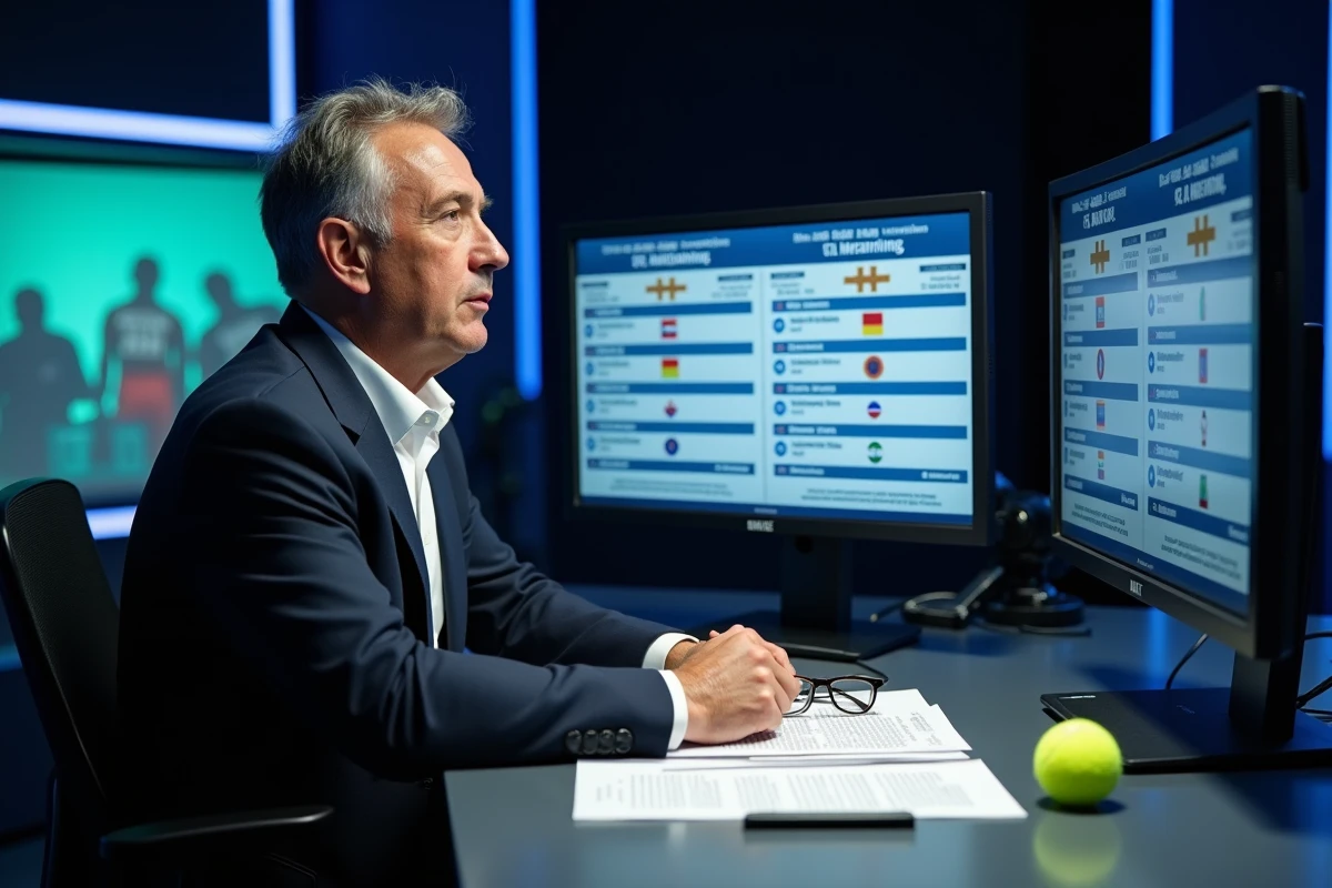 Journaliste sportif analysant les classements mondiaux ATP et WTA sur un écran dans un studio de diffusion professionnel