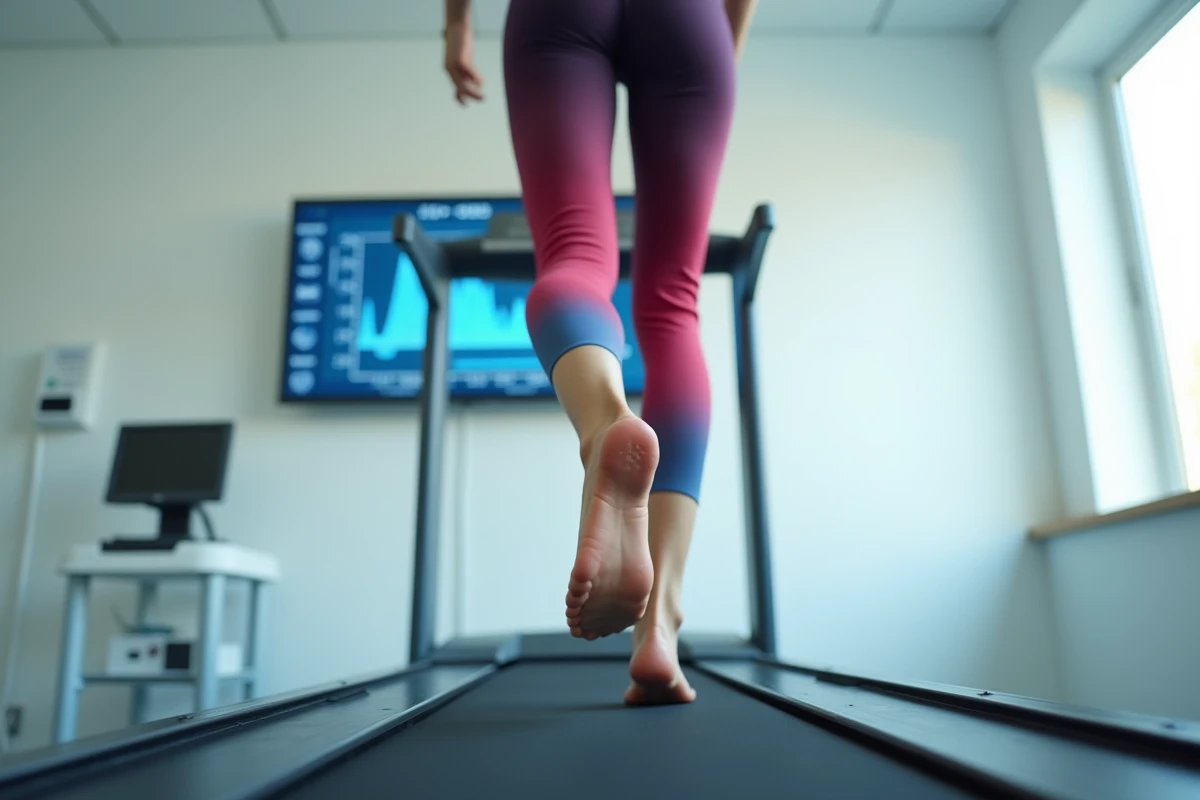 Femme courant sur tapis roulant dans un laboratoire d'analyse biomécanique pour évaluer la supination et la pronation du pied