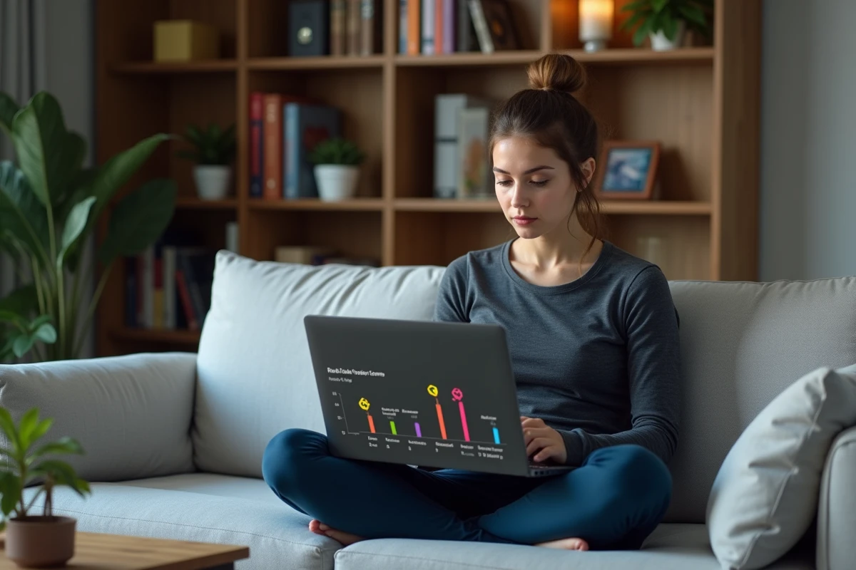 Joueuse analysant l'évolution de son classement Valorant par acte sur un ordinateur portable dans un salon moderne