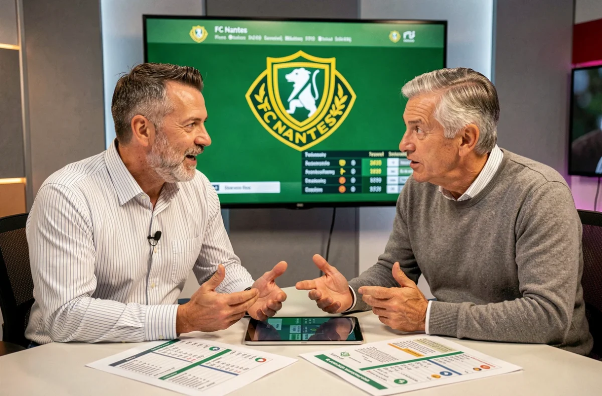 Deux analystes football en studio de télévision discutant des résultats et statistiques du FC Nantes après un match