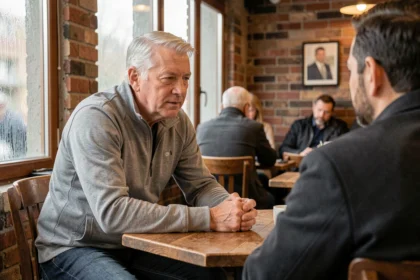 Ancien cycliste professionnel assis dans un café parisien lors d'une interview sur Lance Armstrong en 2026