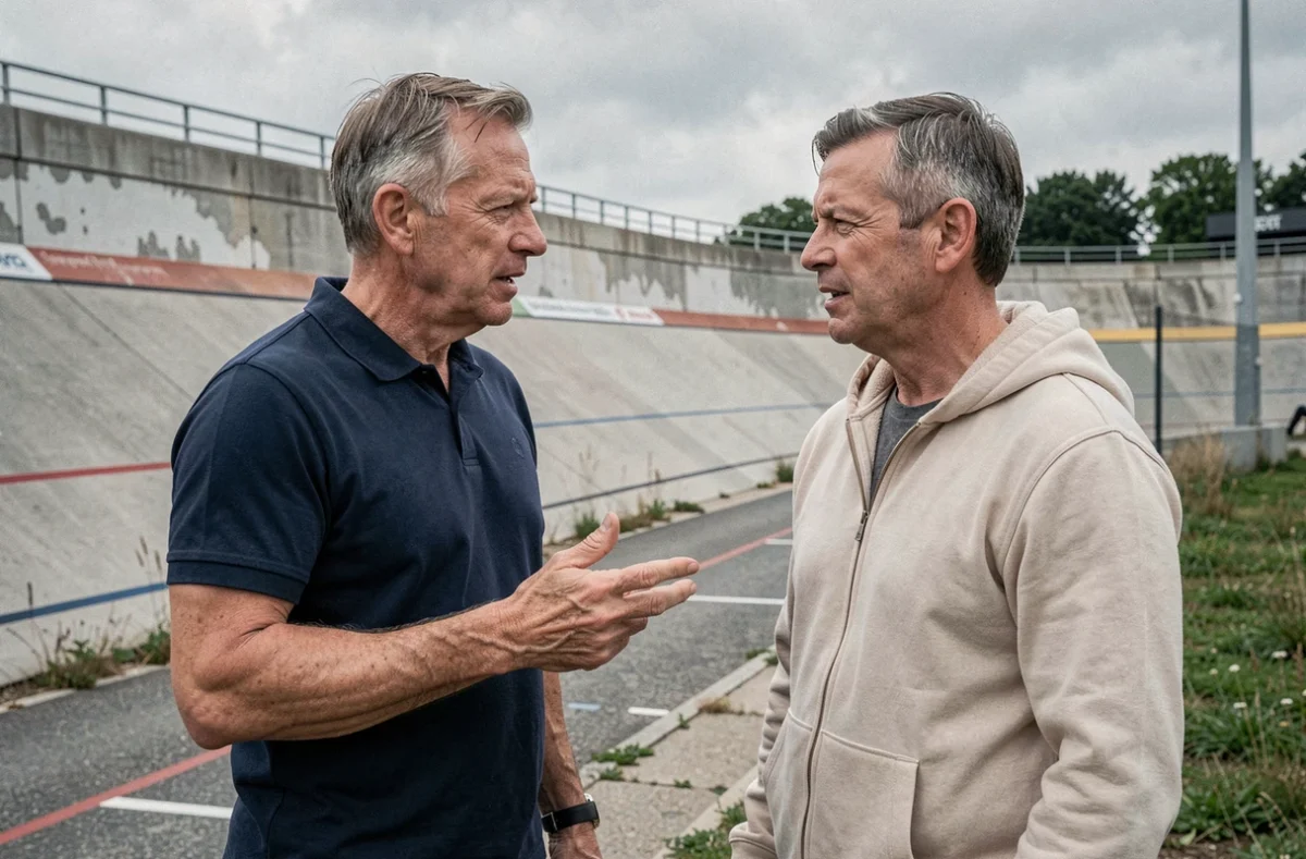 Deux anciens coéquipiers de Lance Armstrong discutant devant un vélodrome lors d'une rencontre exclusive en 2026