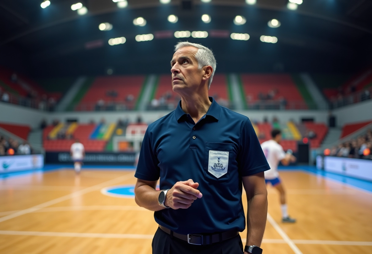 Arbitre en tenue officielle surveillant un match de handball