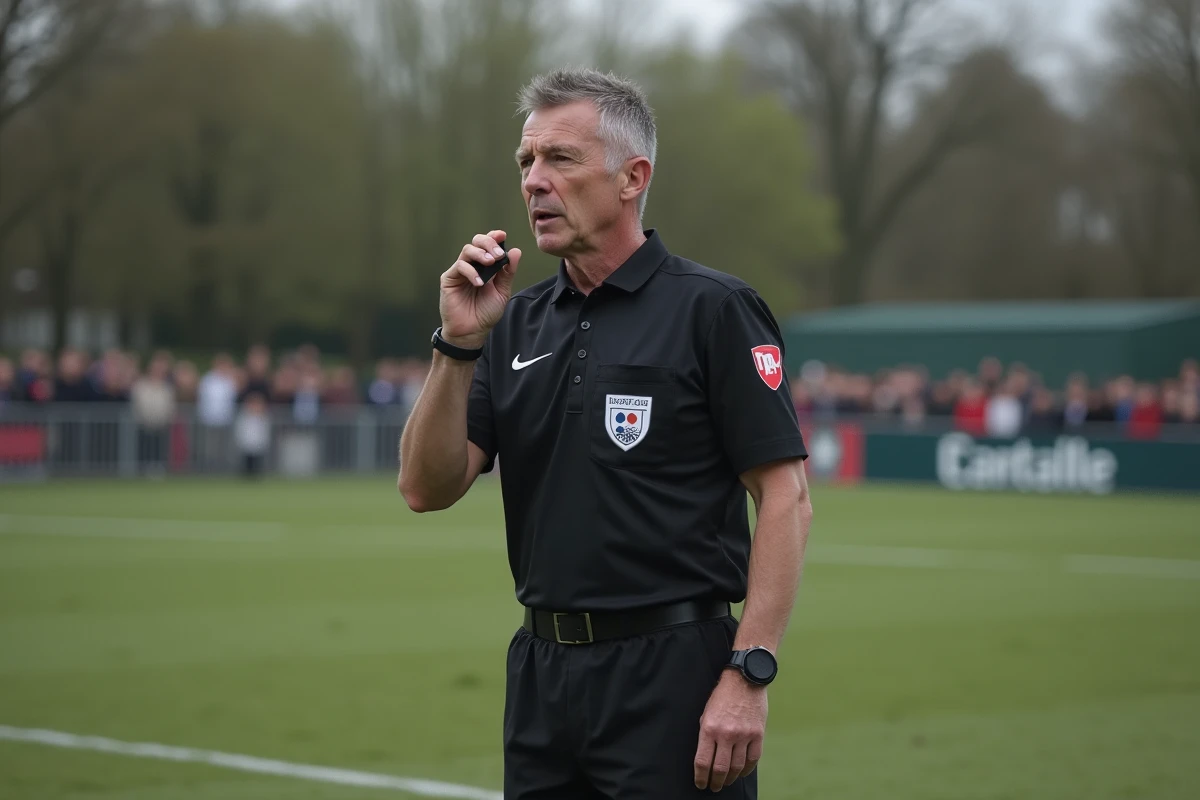 Arbitre sifflant une décision lors d'un match de football du district de la Sarthe devant un public de supporters locaux