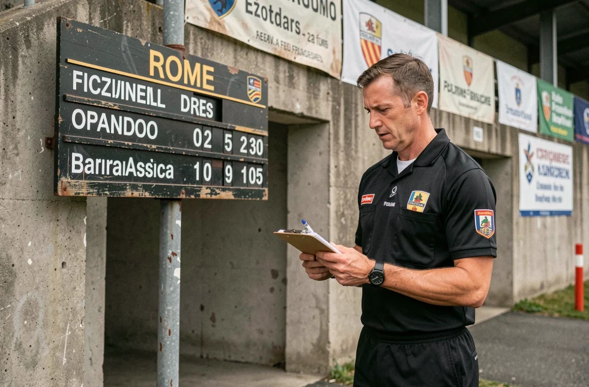 Arbitre de rugby consultant le tableau de score lors d'un match de Nationale 2 Poule 1
