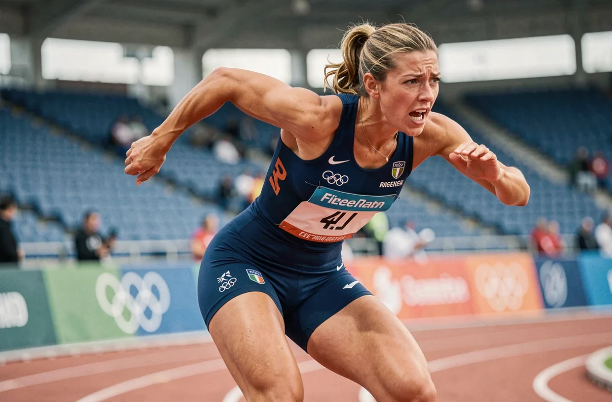 Athlète féminine franchissant la ligne d'arrivée du 100 mètres en compétition internationale, dans un geste de victoire sur piste extérieure