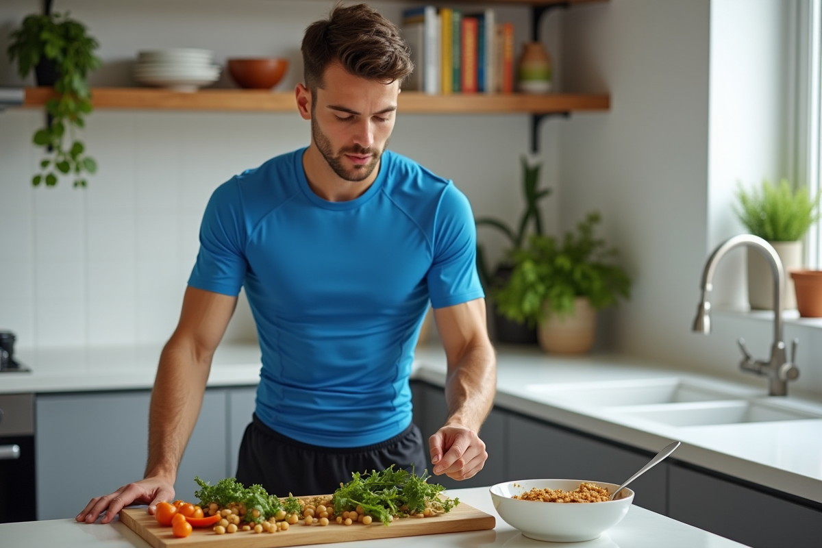 Jeune athlète préparant un repas végétal coloré dans une cuisine moderne