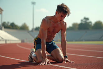 Jeune athlète épuisé sur la piste de course rouge