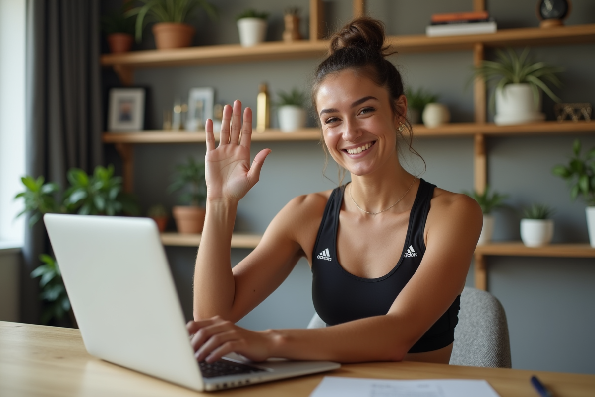 Femme sportive souriante dans un bureau à domicile