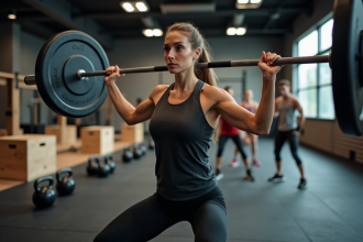Femme musclée en train de soulever une barre dans une salle de CrossFit
