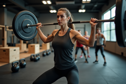 Femme musclée en train de soulever une barre dans une salle de CrossFit