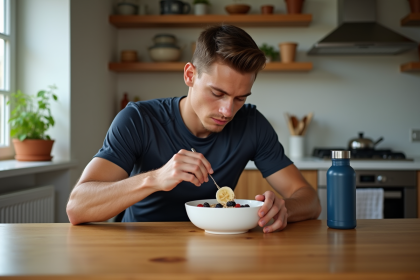 Jeune athlète mangeant un bol de flocons avec bananes