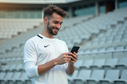 Athlète masculin souriant avec smartphone dans un stade vide