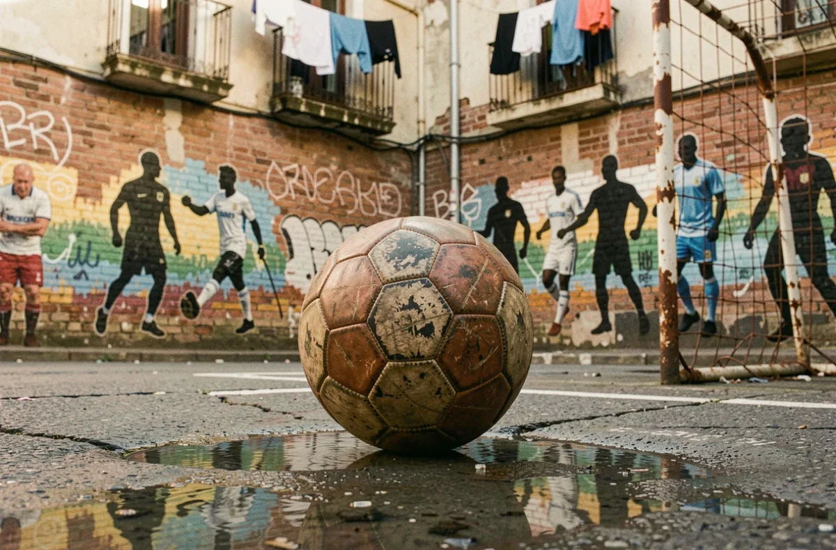 Ballon de football usé sur un terrain de rue à Buenos Aires entouré de fresques murales représentant des légendes du football argentin