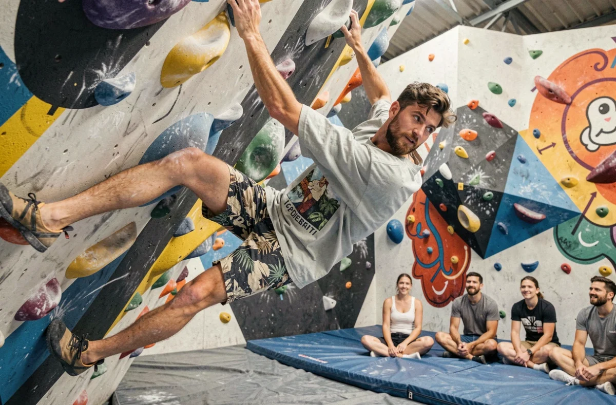 Grimpeur en mouvement dynamique sur un bloc à Blocabrac Saint-Étienne
