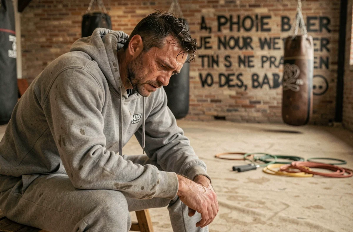 Boxeur épuisé après une séance de coupe de poids intense dans une salle de boxe