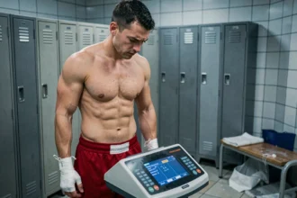 Boxeur professionnel sur une balance lors d'un contrôle de poids avant combat dans un vestiaire sportif