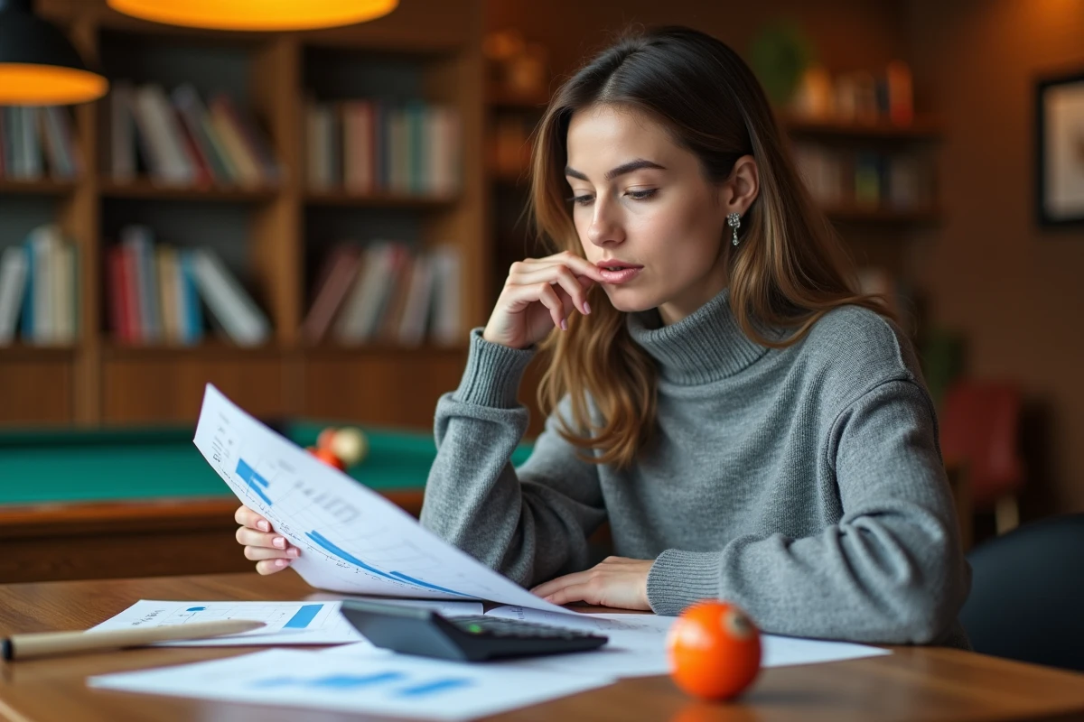 Jeune femme consultant un tableau de calcul de rotation en degrés pour le billard avec une calculatrice, illustrant l'analyse technique de la précision des coups