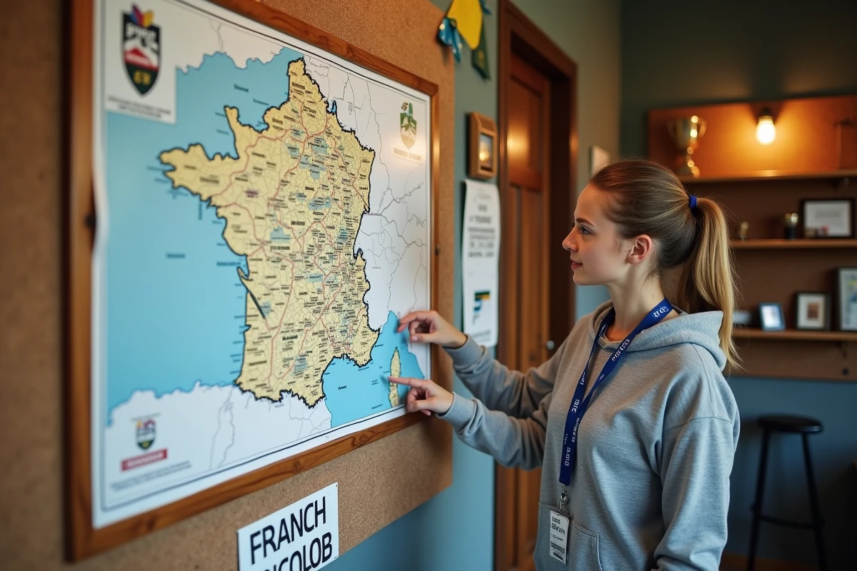 Administratrice de club rugby pointant une carte officielle des divisions géographiques françaises affichée dans un vestiaire