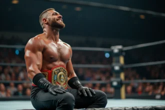 Lutteur masculin champion assis dans le ring avec ceinture