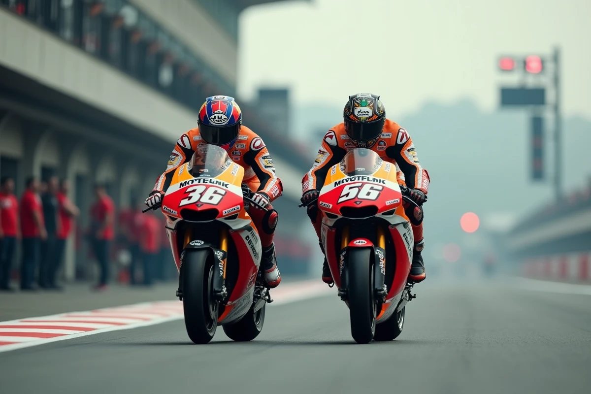 Deux champions MotoGP roue contre roue sur la ligne droite d'un circuit de Grand Prix