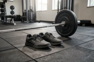 Chaussures de training à semelle plate près d'une barre dans une salle de sport