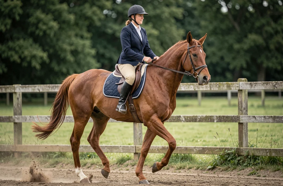 Cheval de club au galop en carrière avec cavalier amateur, illustrant la vitesse modérée d'un cheval de loisir