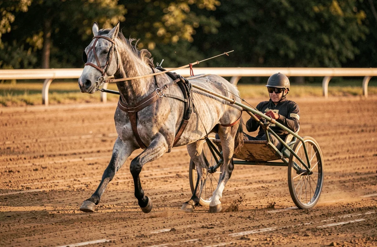 Cheval trotteur attelé à un sulky en pleine course sur piste, montrant l'allure caractéristique du trot attelé