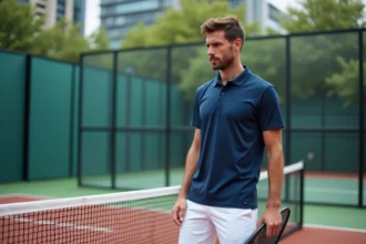 Joueur de padel débutant analysant la surface d'un terrain extérieur en gazon artificiel entouré de parois en verre