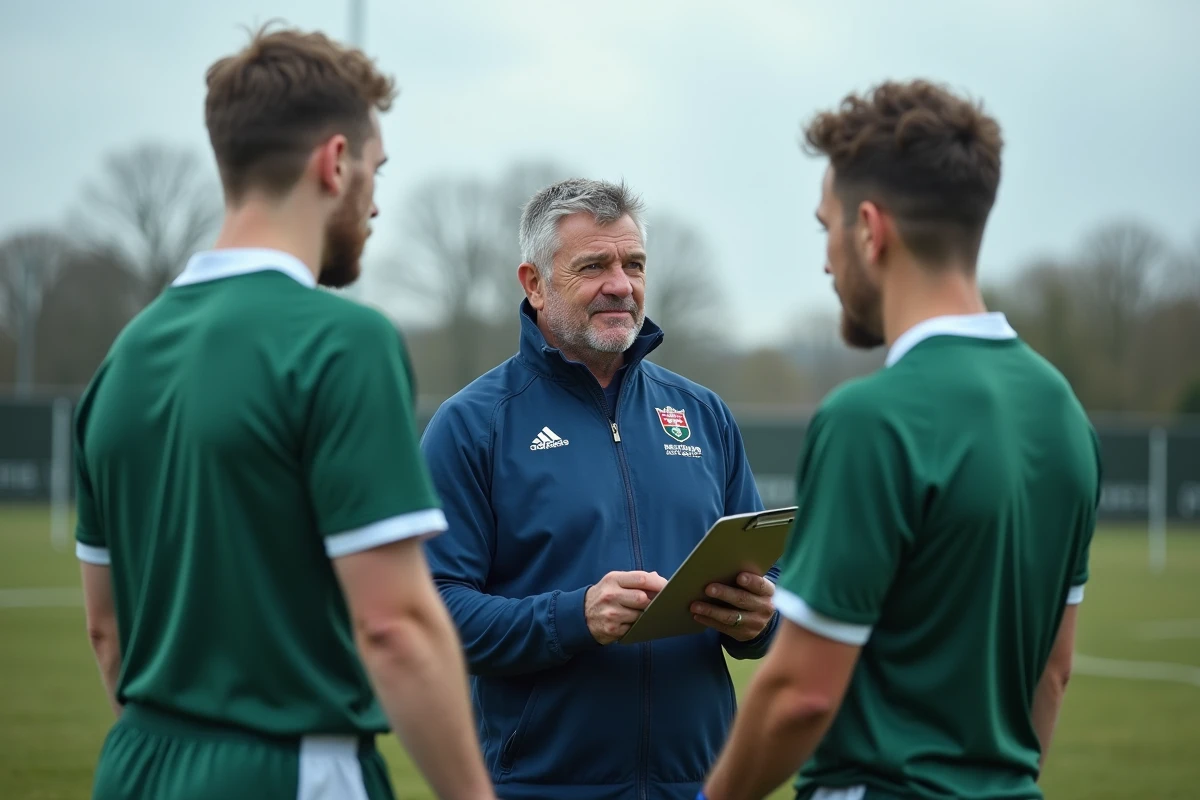 Entraineur de rugby avec jeunes joueurs sur le terrain