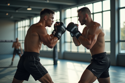 Deux combattants de MMA en sparring dans une salle lumineuse