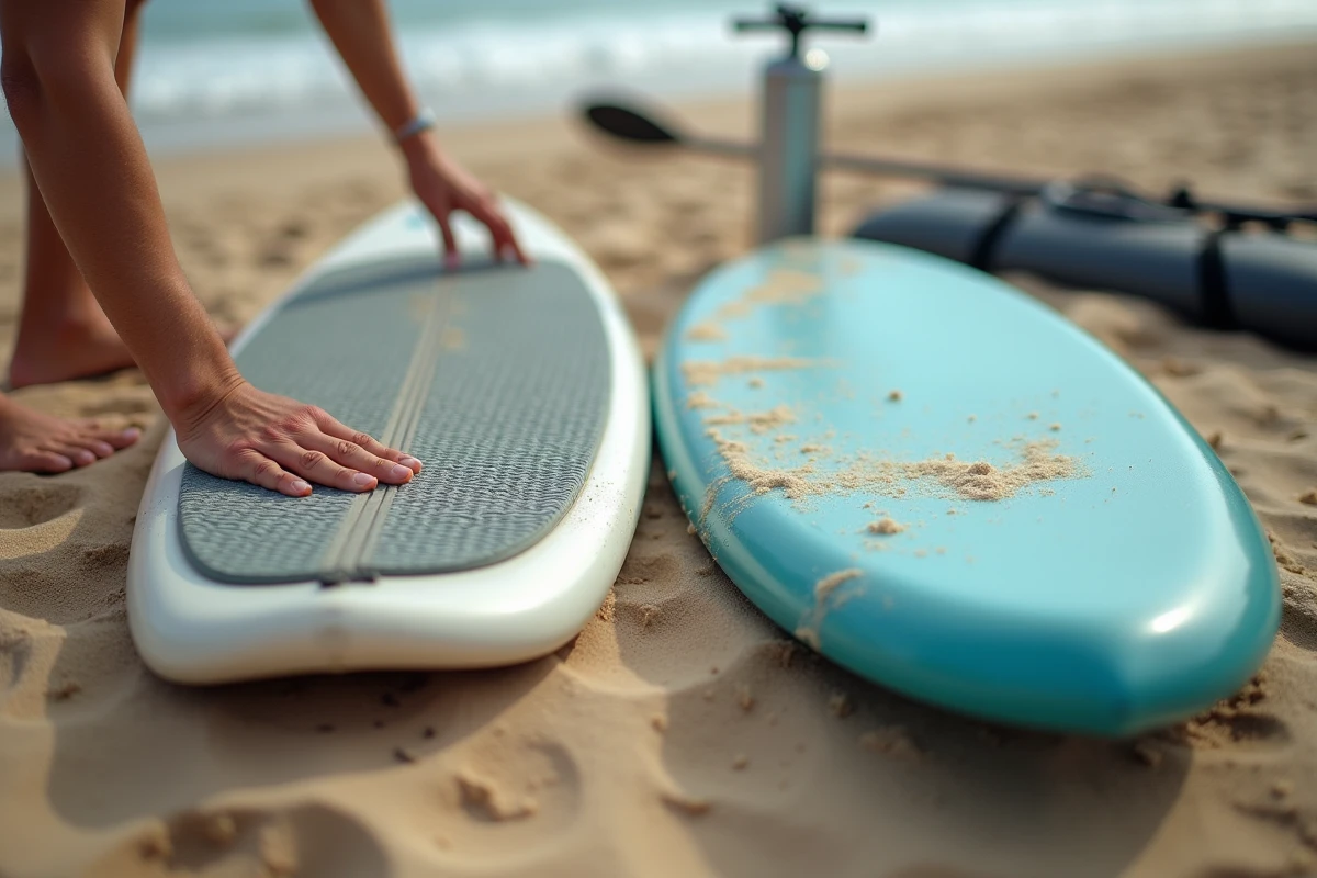 Comparaison côte à côte d'un stand up paddle gonflable et d'un SUP rigide en époxy sur une plage de sable, mains touchant les deux surfaces pour illustrer les différences de matériaux