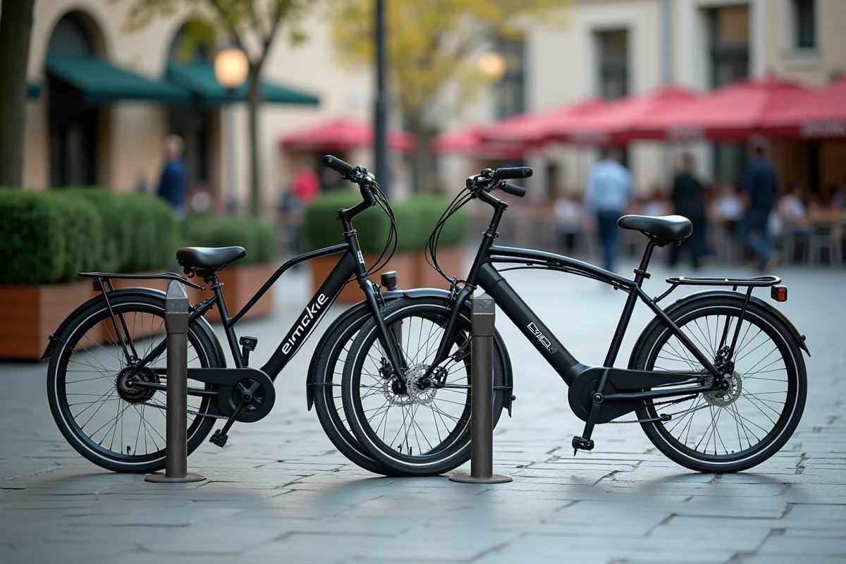 Deux vélos Decathlon ELOPS 500 de tailles différentes garés côte à côte sur un rack à vélos en place publique