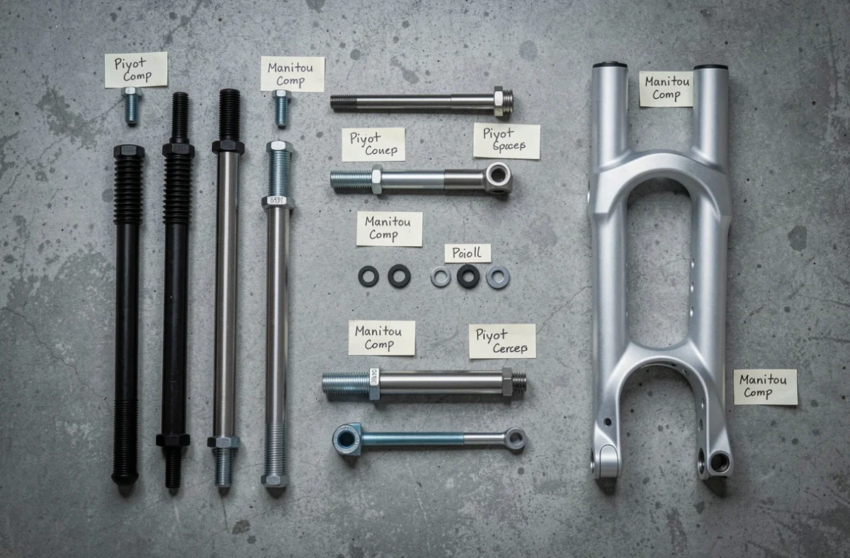 Vue à plat des composants de fourche Manitou Comp incluant axes, pivots et entretoises classés par format sur béton gris