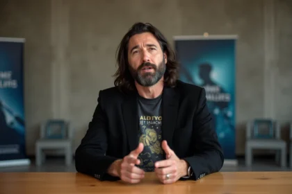 Homme en conférence avec blazer noir et barbe