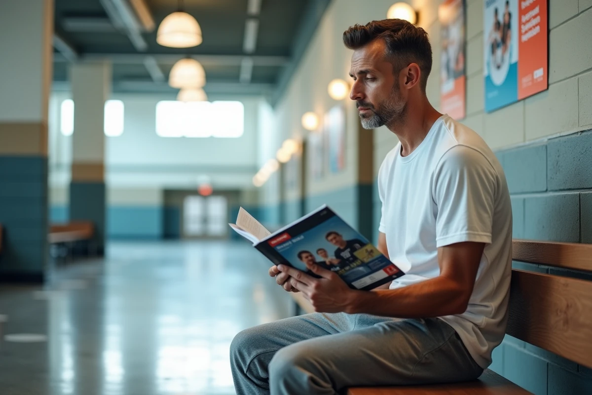 Homme consultant un catalogue d'activités sportives annuelles dans le couloir d'un complexe sportif municipal