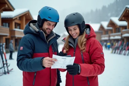 Couple de skieurs consultant leur forfait et budget ski aux Sept Laux au pied des pistes