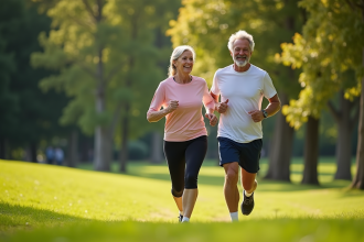 Couple senior actif marchant et courant dans un parc ensoleille