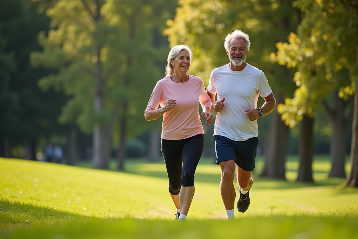 Couple senior actif marchant et courant dans un parc ensoleille