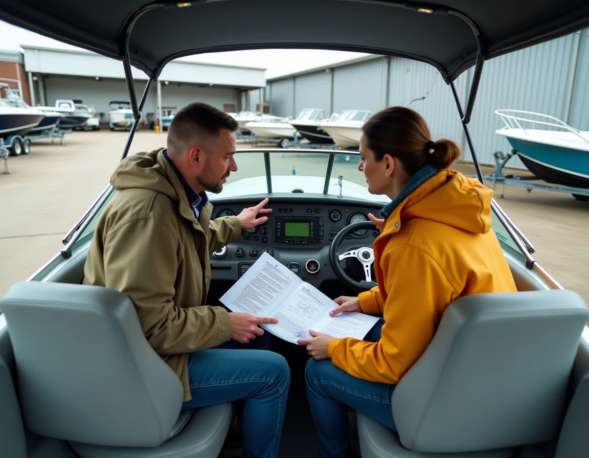 Couple étudiant les documents d'inspection d'un bateau à moteur d'occasion dans un chantier nautique