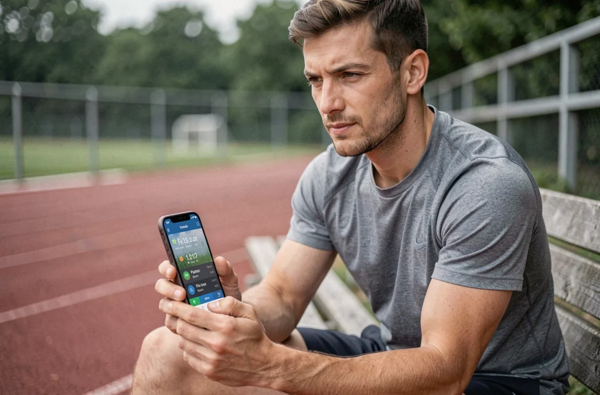 Coureur débutant analysant une application mobile de conversion allure kilomètre heure assis au bord d'une piste d'athlétisme