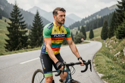 Coureur cycliste professionnel en fin de contrat debout près de son vélo de route sur une route de montagne européenne, regardant au loin d'un air pensif
