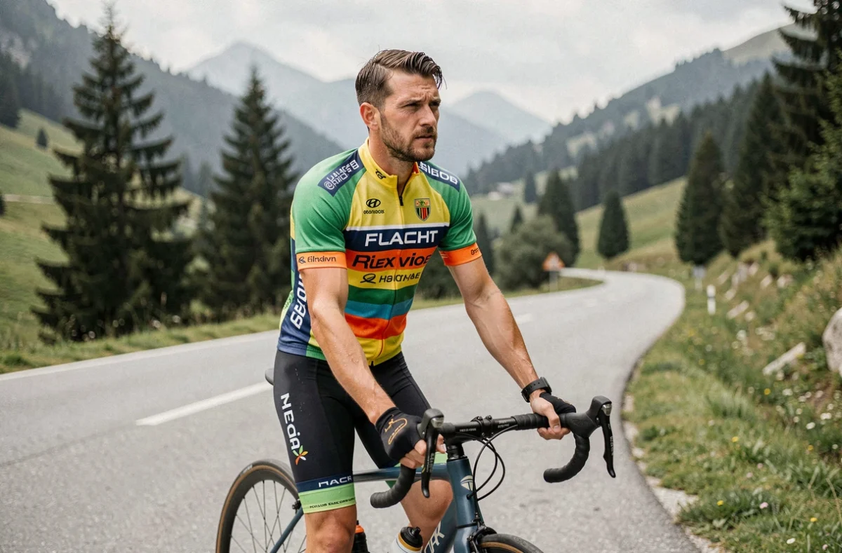 Coureur cycliste professionnel en fin de contrat debout près de son vélo de route sur une route de montagne européenne, regardant au loin d'un air pensif